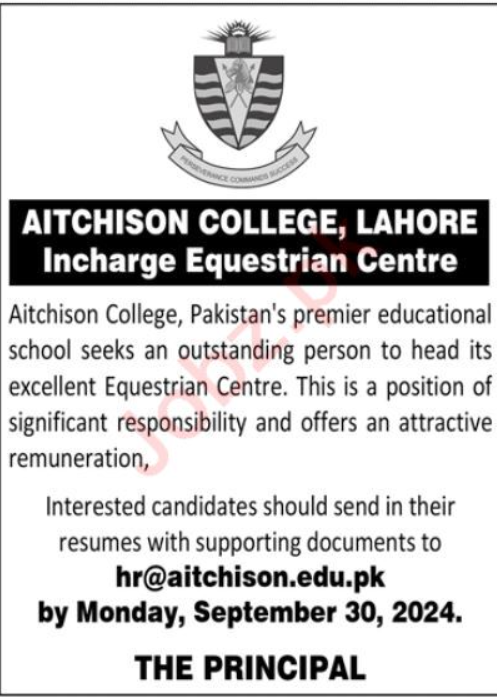 Aitchison College Lahore Jobs 2024 